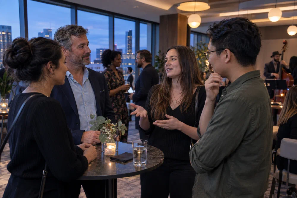 Illustrative scene of colleagues talking around a high table beside evening windows